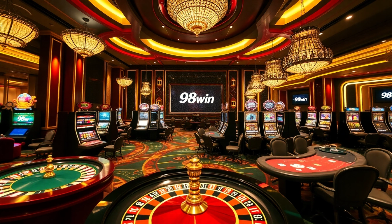98win players enjoying the vibrant atmosphere of a luxury casino, filled with roulette and slot machines.