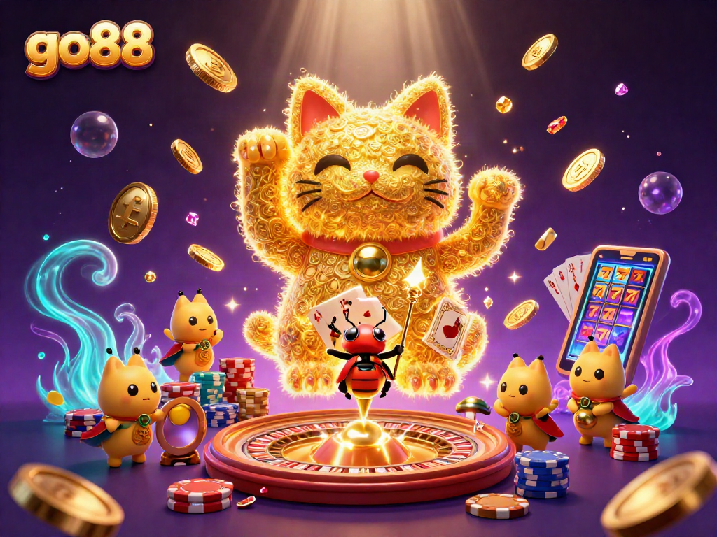 Experience excitement with go88's vibrant casino scene showcasing golden coins and a lucky cat.