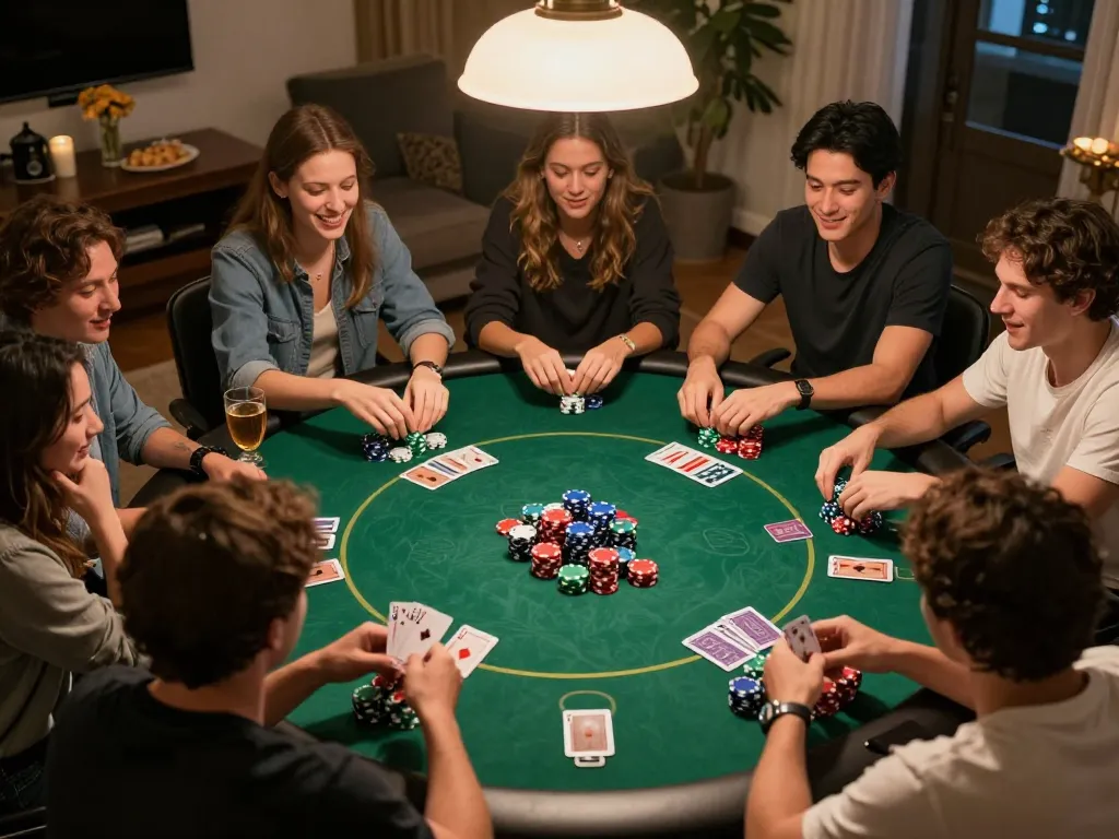 Engaging home poker game showcasing friends enjoying Slot Gacor Naga303 with vibrant chips and cards.