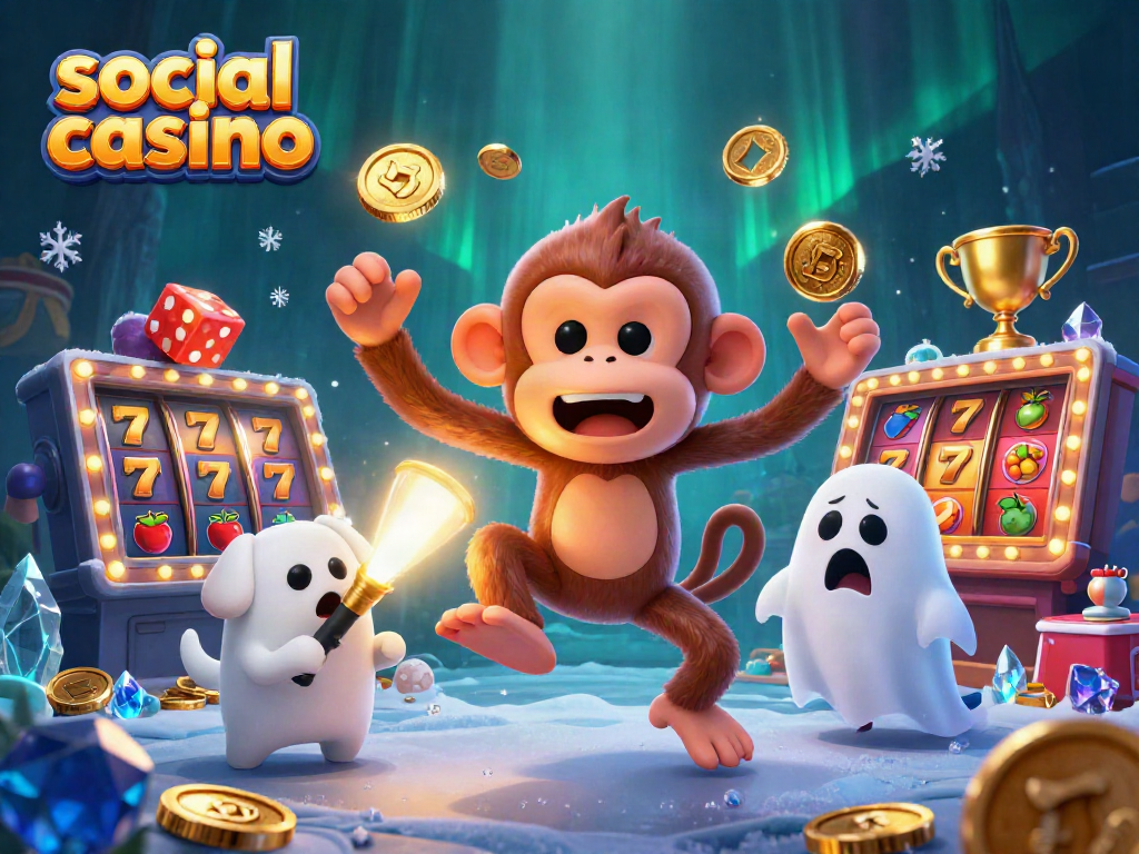 Engage in a thrilling social casino with a mischievous poltergeist monkey and a curious ghost-hunter puppy.
