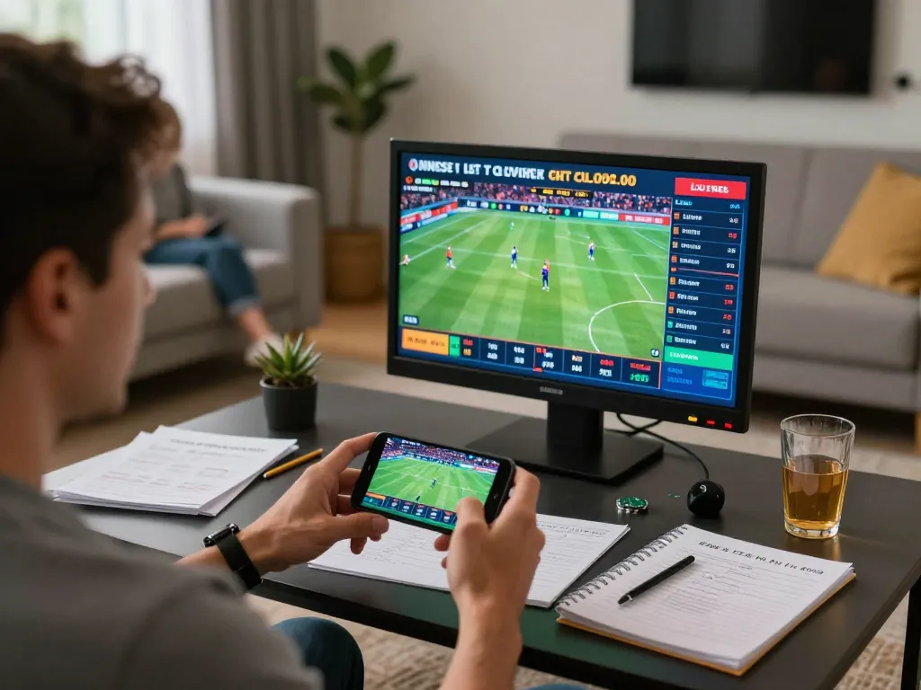 TOPBET user engaging in sports betting from home, showcasing a modern gaming atmosphere.