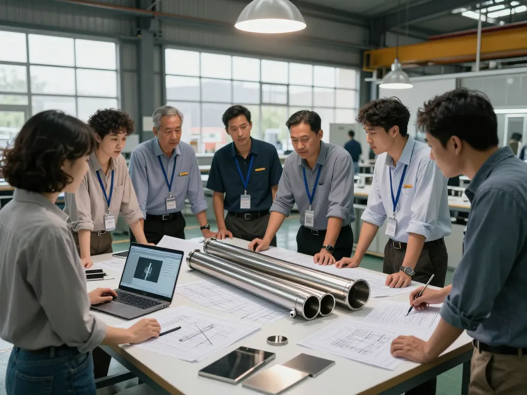 Engineers collaborating on Sumwin stainless steel designs in a modern manufacturing environment.
