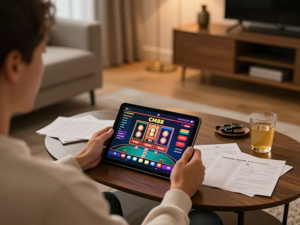 Person engaging in online betting at CM88 with vibrant casino interface and strategic notes.