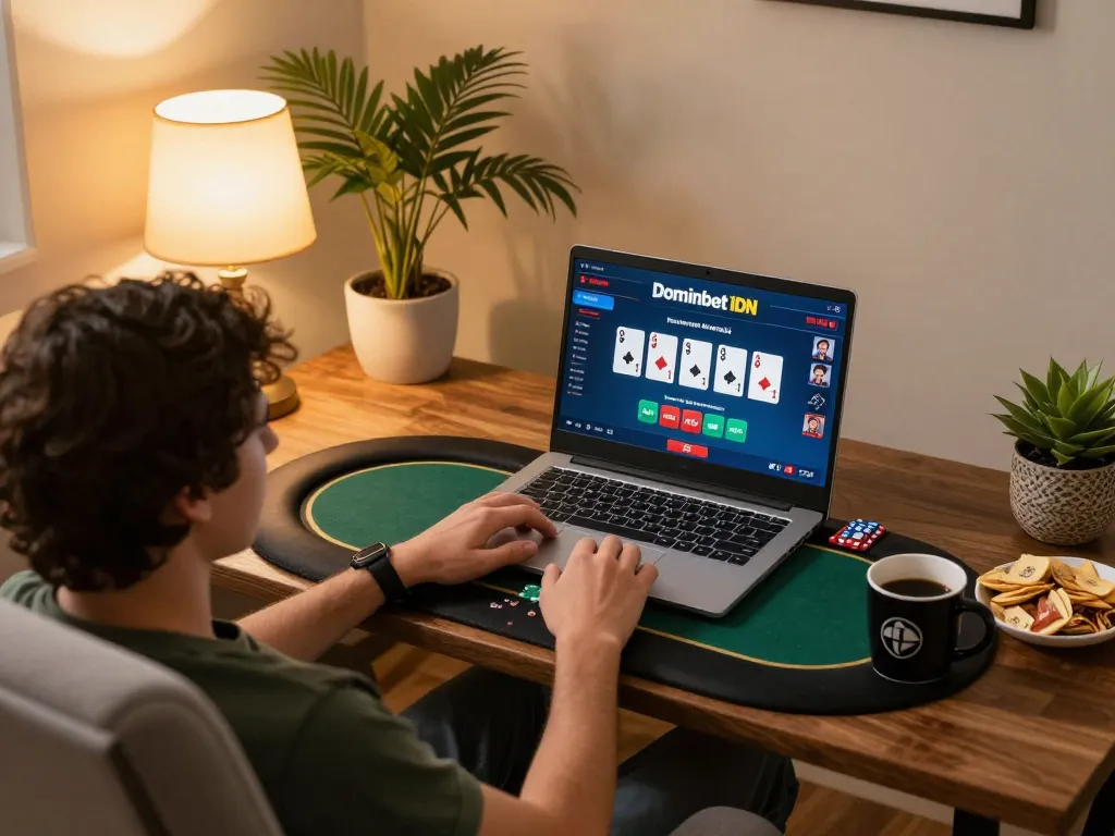 Person using a laptop to play Dominobet IDN Poker in a cozy home setting with snacks