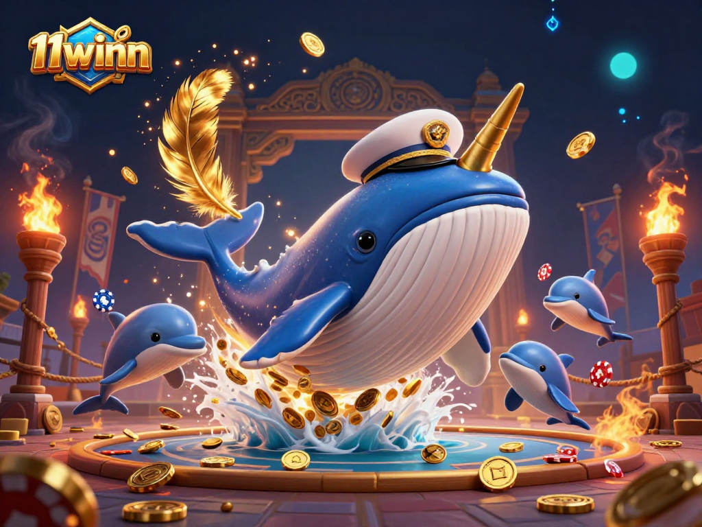 Engage in thrilling gameplay at 11winn with giant whale, narwhal, and dolphins amidst coins.