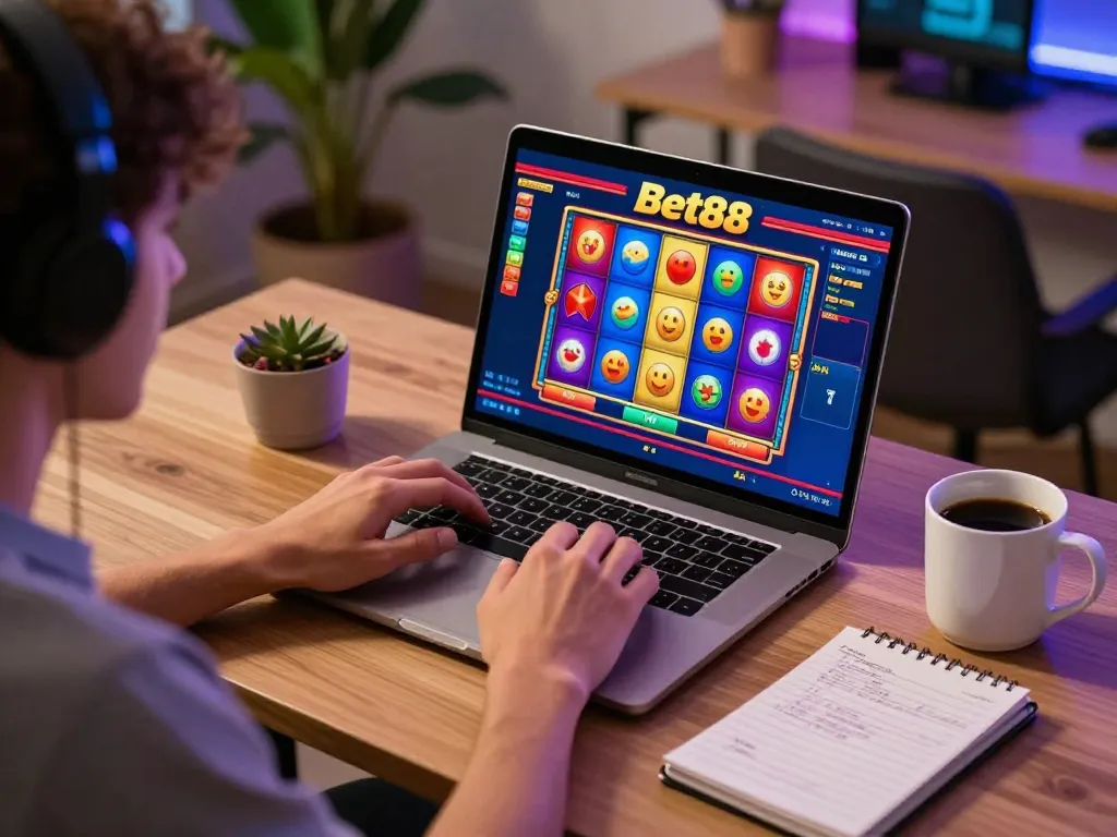 Engaged player using Bet88 online casino platform on a laptop, showcasing a vibrant slot game interface
