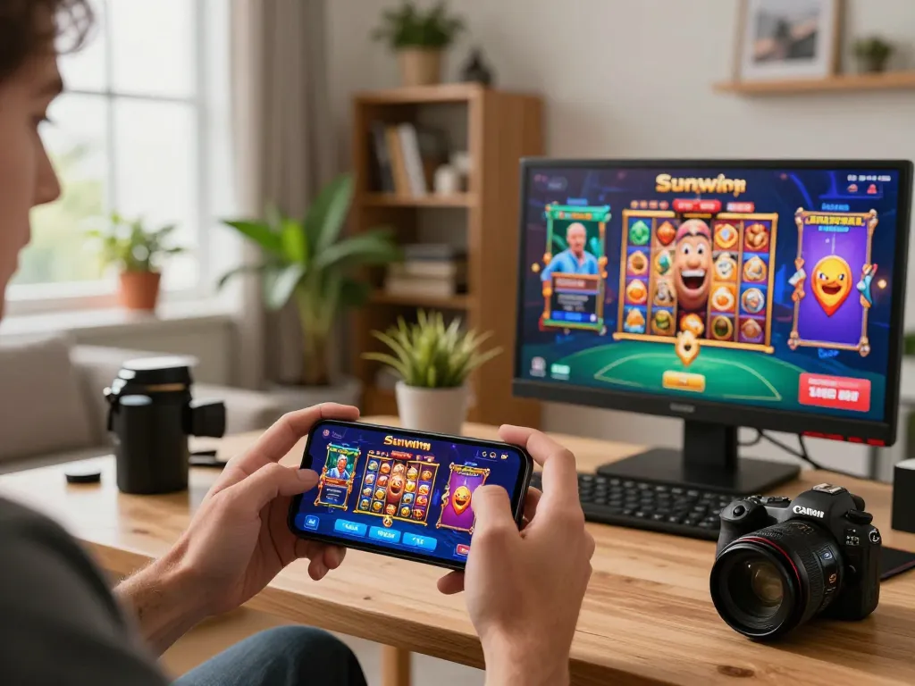 Player enjoying Sunwin mobile gambling experience with smartphone in cozy home setting, vibrant games displayed.