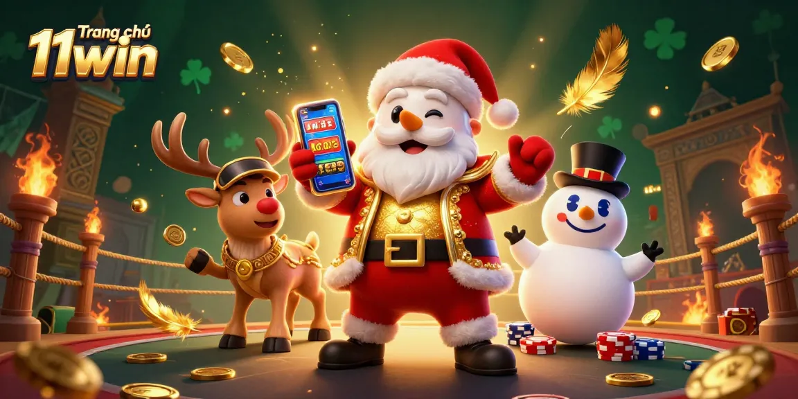 Engage with Trang chủ 11win's exciting gaming scene featuring Santa Claus, reindeer, and a snowman.