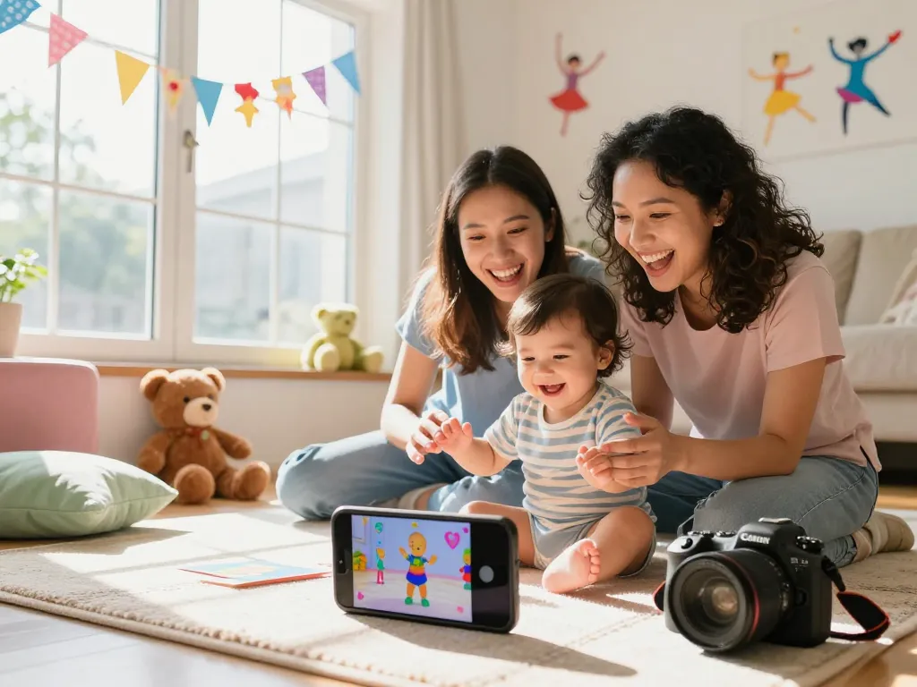 Parents and toddler enjoying a kling ai dance video in a bright living room.
