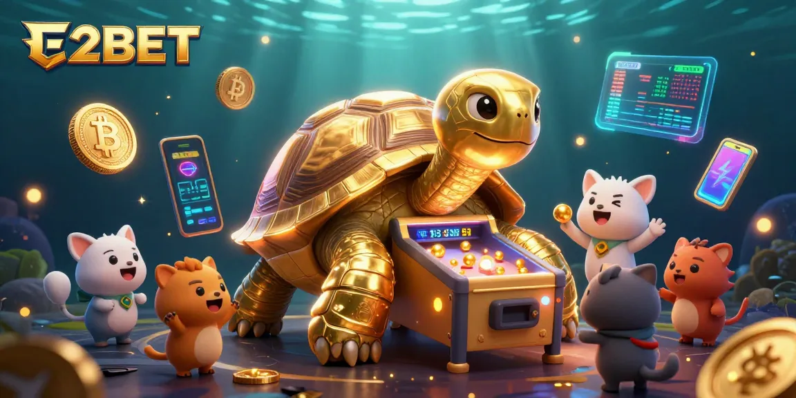 Engage with E2BET in a colorful 3D casino scene featuring unique crypto elements and lively characters.
