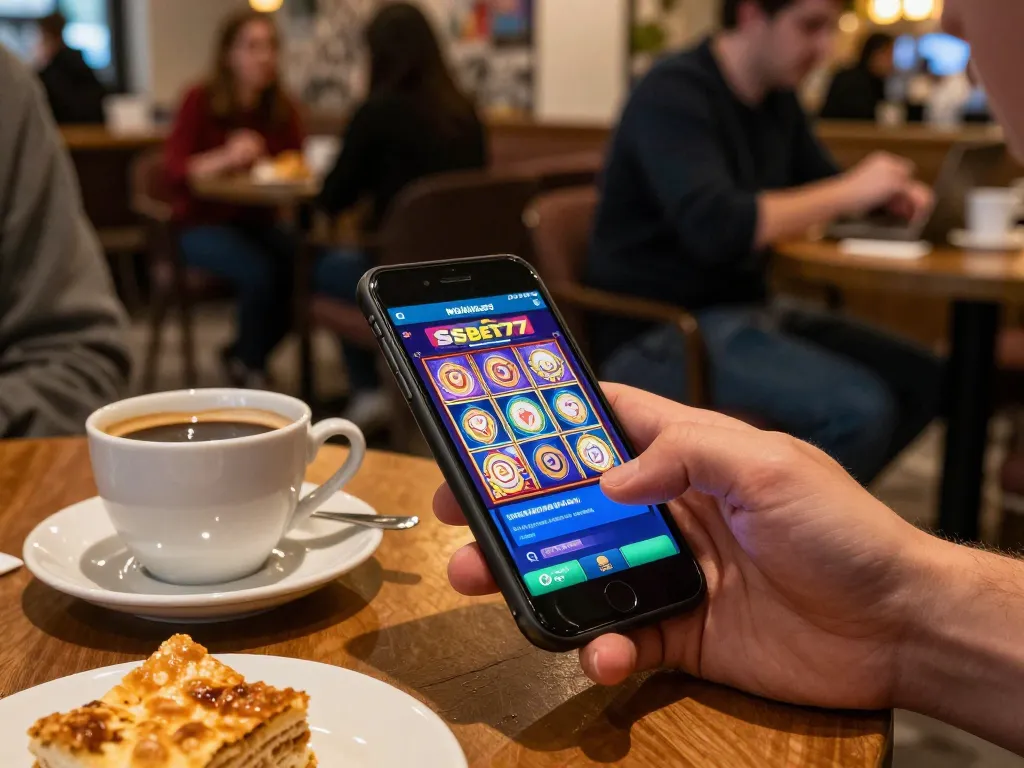 Player using ssbet77 app on smartphone at café, enjoying vibrant slots and live dealer games