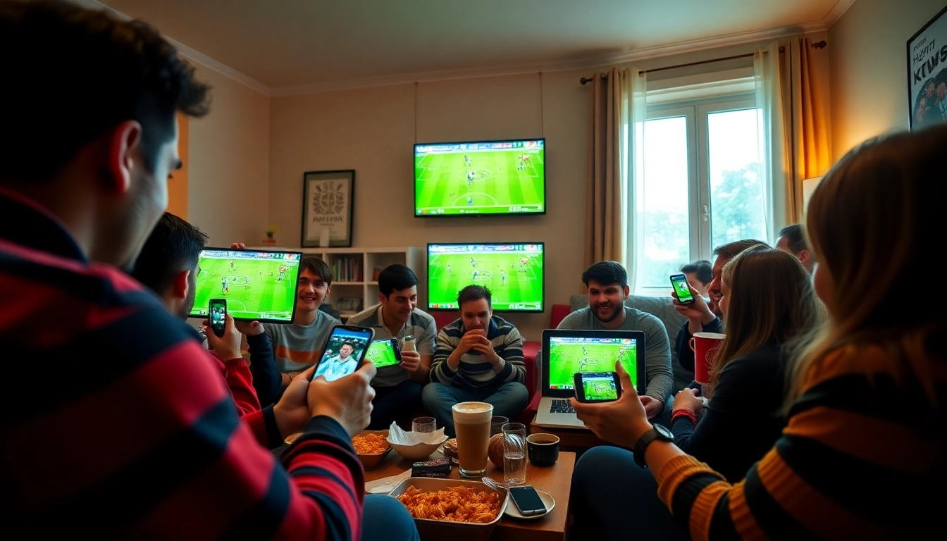 Fans enjoying okwintv trực tiếp bóng đá on multiple devices in a lively home atmosphere.
