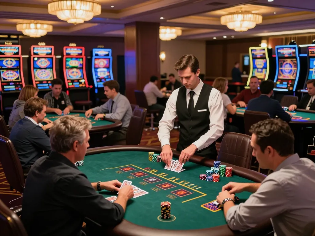 Engaged players at Nhà cái 789win blackjack tables strategizing their next move in a vibrant casino setting.