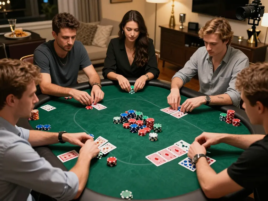 Kuwin players enjoying a thrilling poker game at home with strategic moves and colorful chips