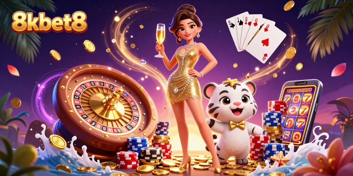 Join the excitement at 8kbet8, where a glamorous dealer and lucky cub celebrate wins with casino gems.