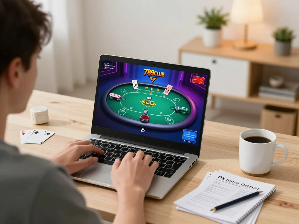 Player engaging in 789CLUB online poker game on modern laptop with strategic notes.