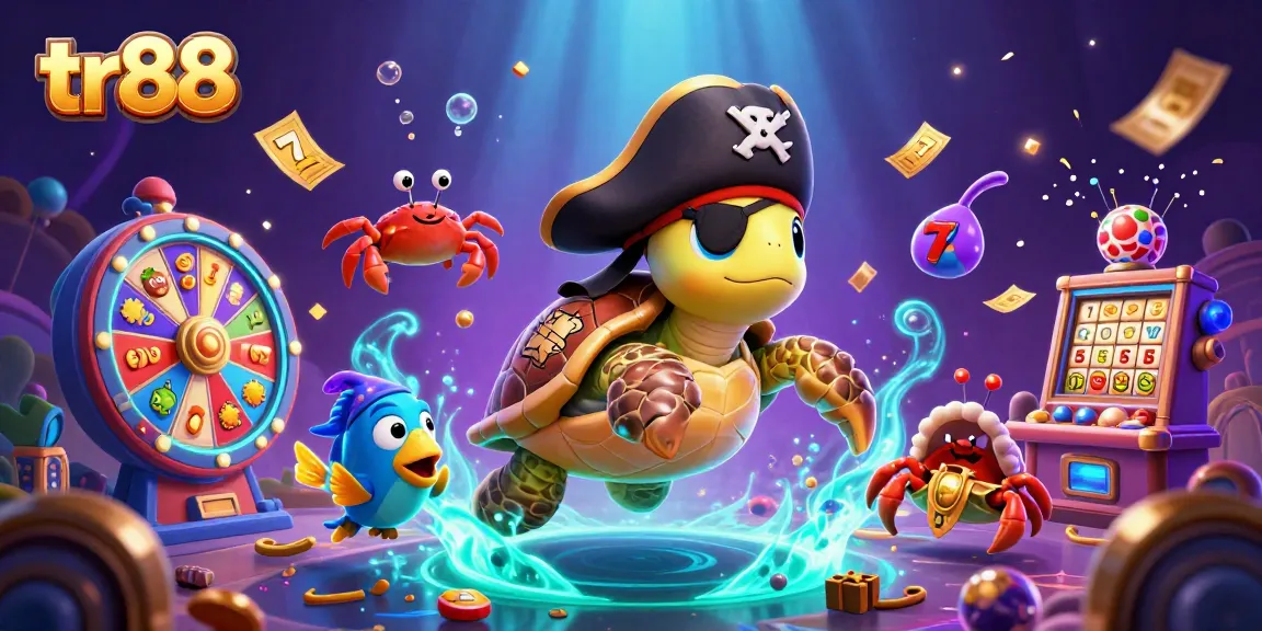 Experience thrilling gameplay at tr88 with cartoon pirate turtle, golden jackpot spins, and vibrant casino elements.