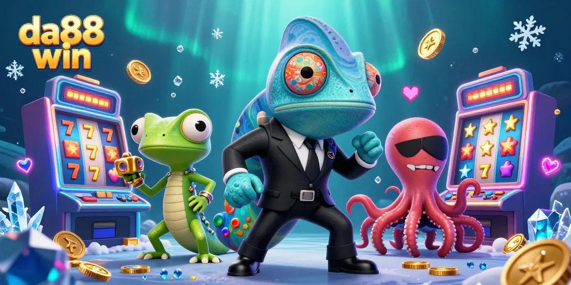 Experience the thrill of gaming with da88 win in a vibrant 3D casino illustration featuring slot machines and animated characters.
