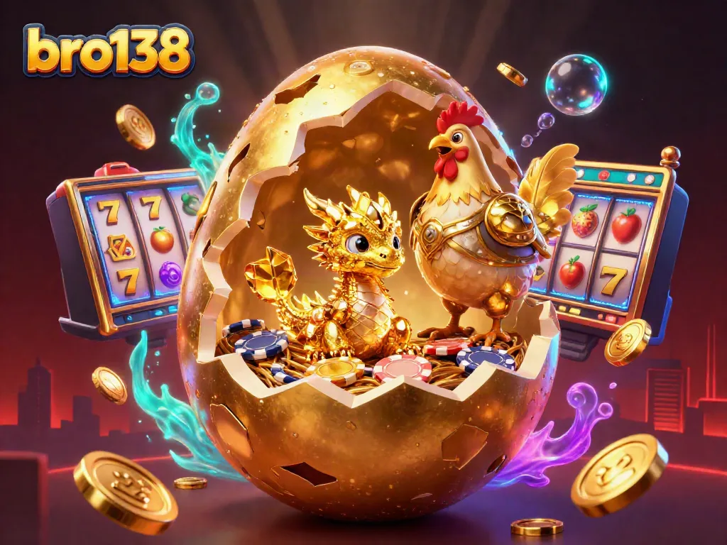 Experience thrilling gameplay with bro138, featuring a baby dragon in gold surrounded by vibrant slot elements.