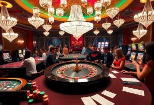 Experience thrilling games with nohu-themed visuals in a luxurious casino setting filled with vibrant roulette wheels.