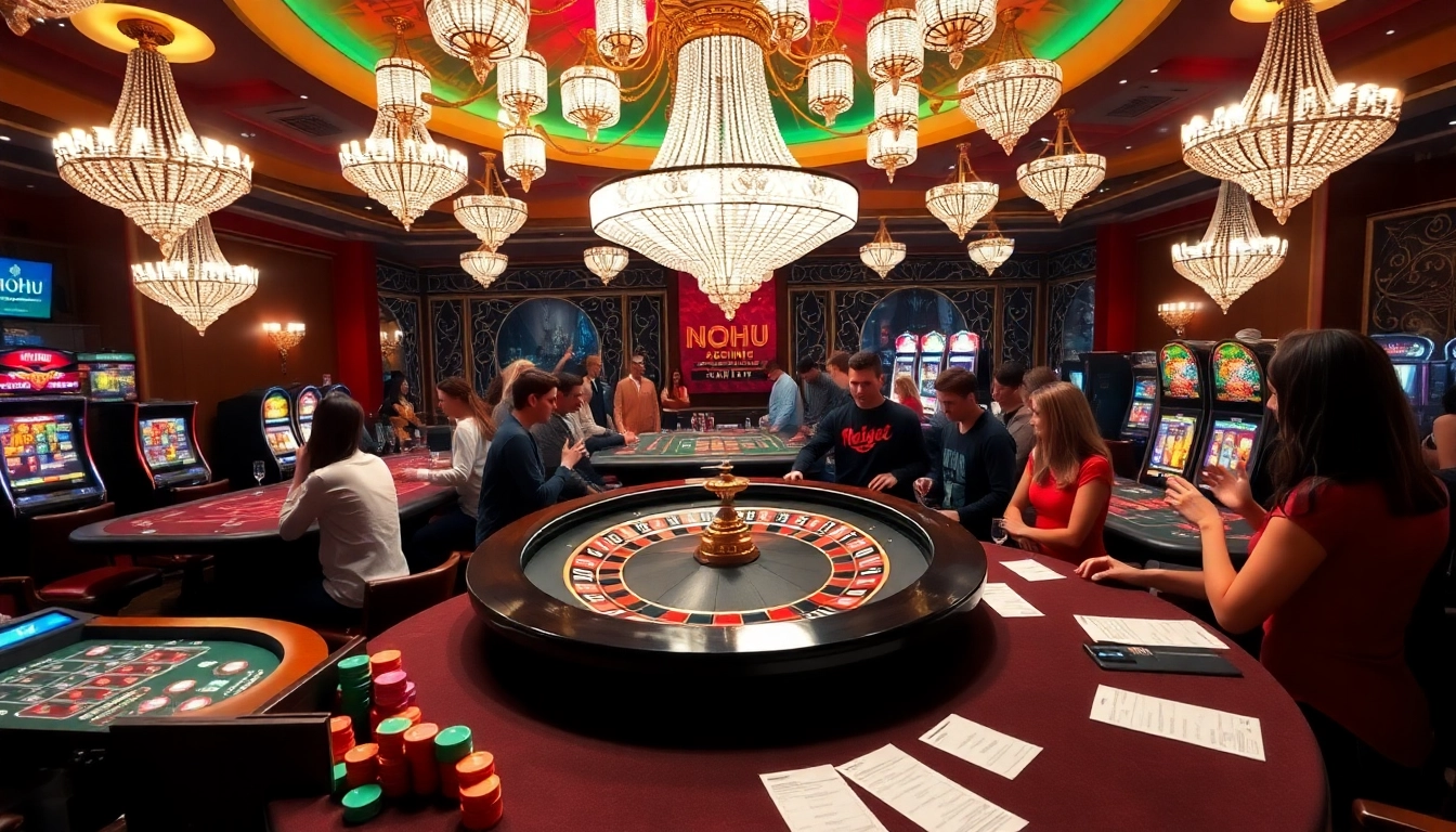 Experience thrilling games with nohu-themed visuals in a luxurious casino setting filled with vibrant roulette wheels.