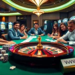 Jugadores entusiasmados disfrutando de un juego emocionante en la mesa de casino lujosa de VVVBet.