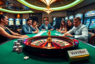 Jugadores entusiasmados disfrutando de un juego emocionante en la mesa de casino lujosa de VVVBet.
