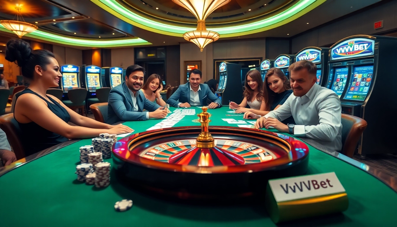 Jugadores entusiasmados disfrutando de un juego emocionante en la mesa de casino lujosa de VVVBet.