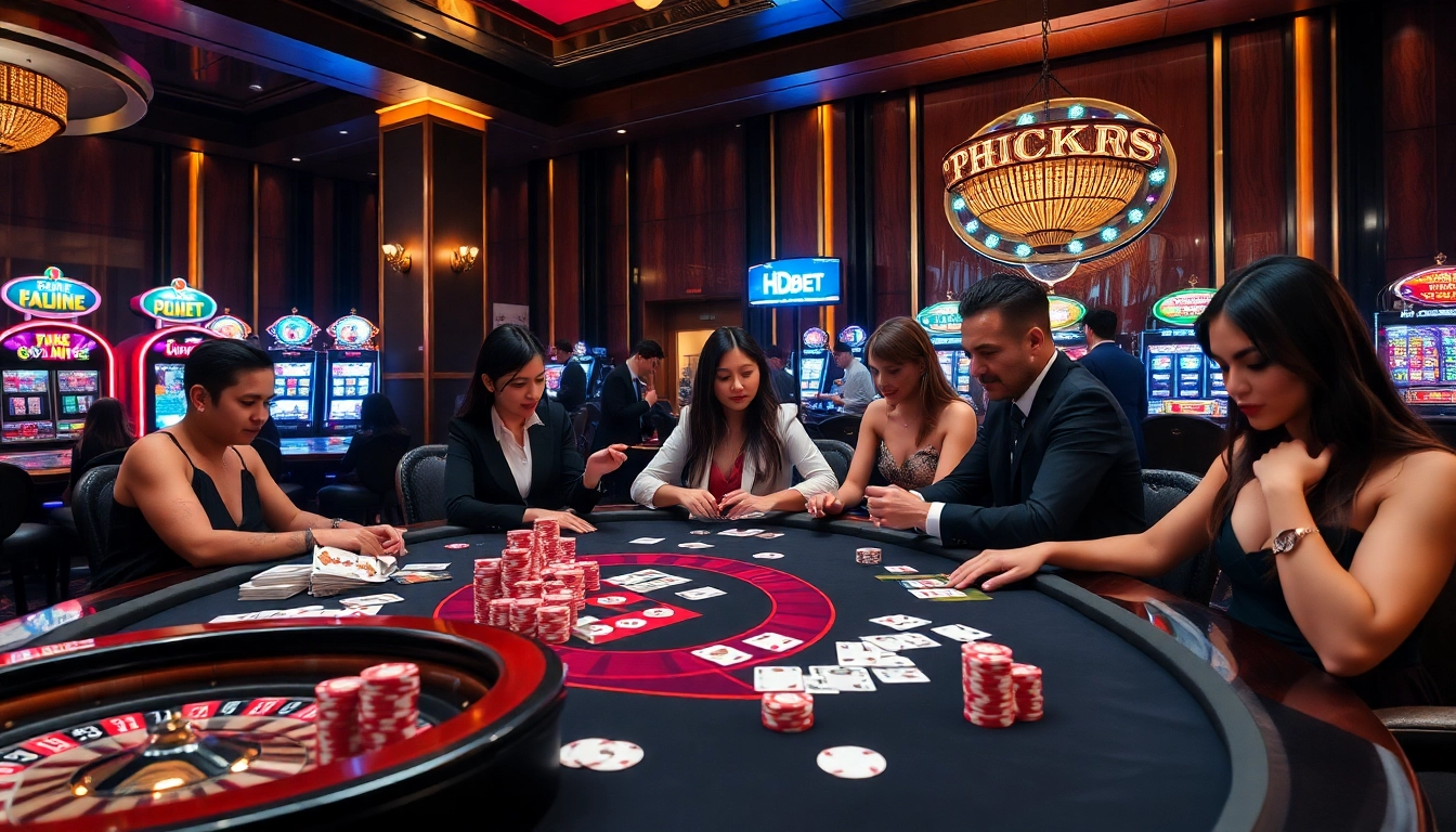 Players thrill at the HD BET gaming table in a luxurious casino setting, showcasing strategy and excitement.