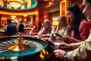 Gamblers engaging in high-stakes actions at a luxurious casino inspired by https://sv388.financial/ with roulette and poker elements.