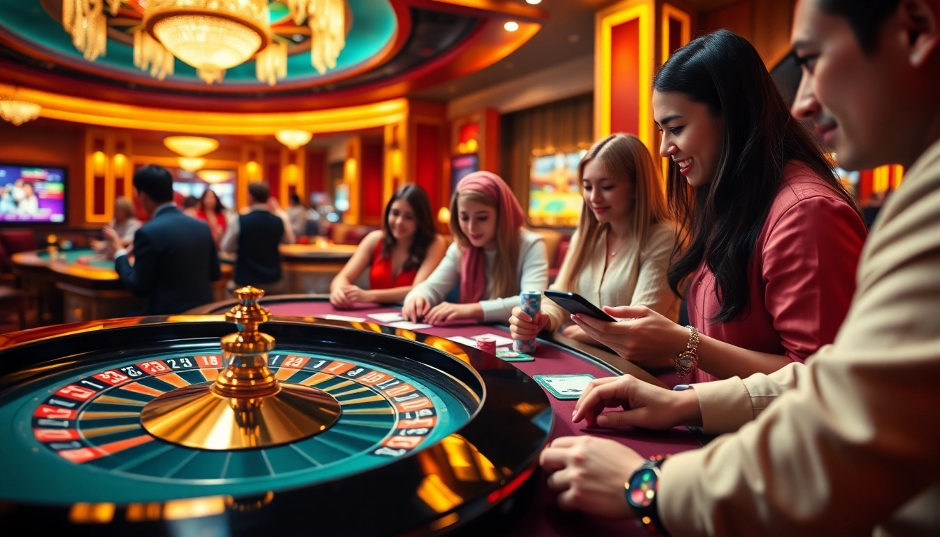 Gamblers engaging in high-stakes actions at a luxurious casino inspired by https://sv388.financial/ with roulette and poker elements.