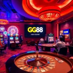 Players enjoying exciting casino games at GG88, surrounded by vibrant slot machines and roulette tables.