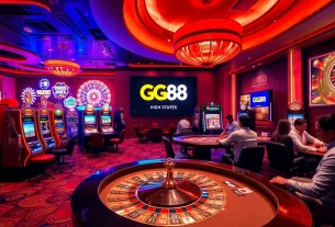 Players enjoying exciting casino games at GG88, surrounded by vibrant slot machines and roulette tables.