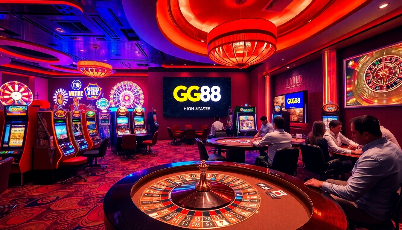 Players enjoying exciting casino games at GG88, surrounded by vibrant slot machines and roulette tables.