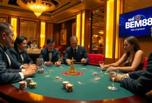 Engaged players at a NHÀ CÁI BEM88 poker table strategizing amidst glowing chips and a roulette wheel.