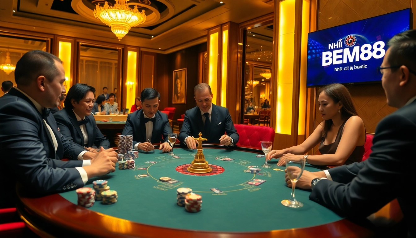 Engaged players at a NHÀ CÁI BEM88 poker table strategizing amidst glowing chips and a roulette wheel.