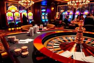 Dynamic betting scene showcasing keo nha cai 5 strategies with casino tables and slots.