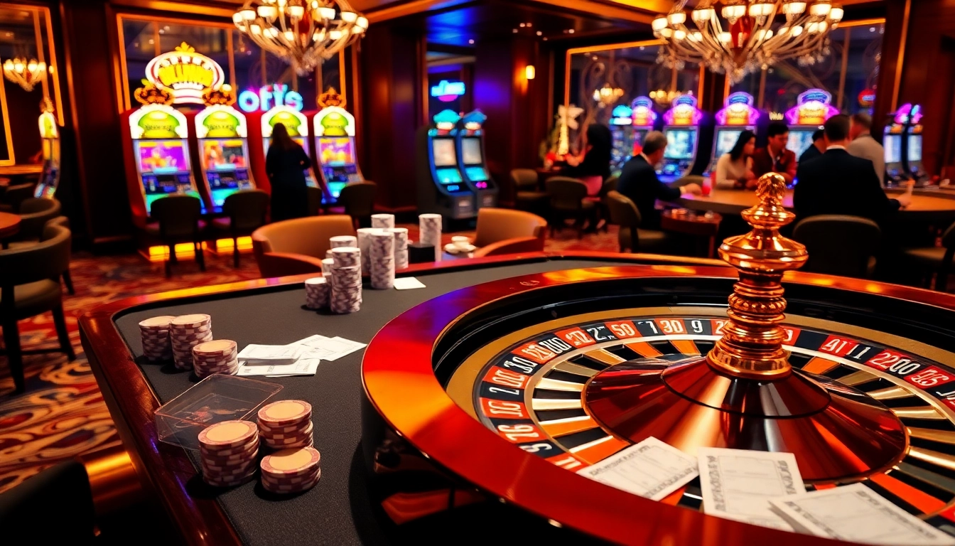 Dynamic betting scene showcasing keo nha cai 5 strategies with casino tables and slots.