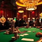 Engage in high-stakes poker at https://8xbetsports.com surrounded by vibrant casino elements.
