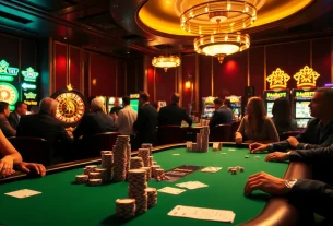 Engage in high-stakes poker at https://8xbetsports.com surrounded by vibrant casino elements.