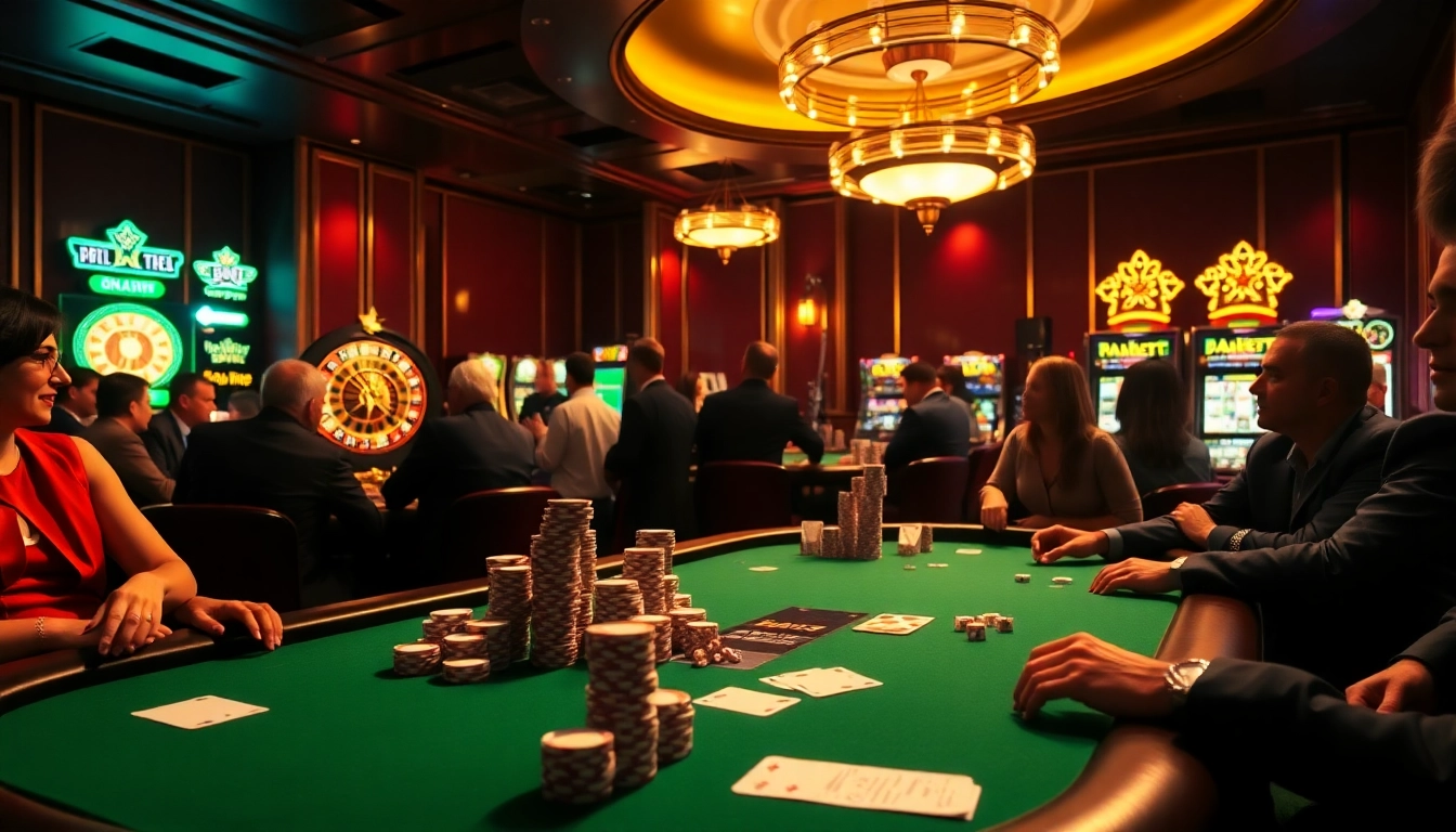 Engage in high-stakes poker at https://8xbetsports.com surrounded by vibrant casino elements.