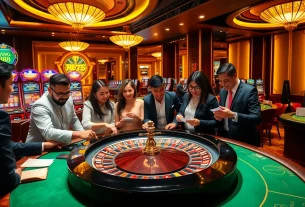 Excited gamblers at a luxurious casino setting, featuring ĐĂNG KÝ B8 registration details for high stakes betting.
