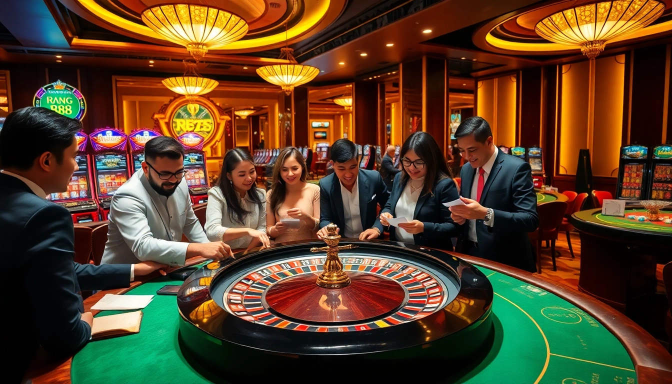 Excited gamblers at a luxurious casino setting, featuring ĐĂNG KÝ B8 registration details for high stakes betting.