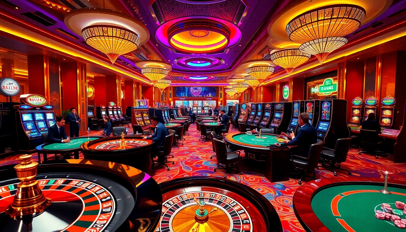 Experience the elegance of NHÀ CÁI FEBET through an exciting casino scene with vibrant gaming activities.