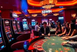Players enjoying exciting games at 33WIN casino with vibrant slot machines and roulette wheel.