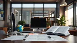 Facilitating uk eta online application in a modern office with organized workspace.