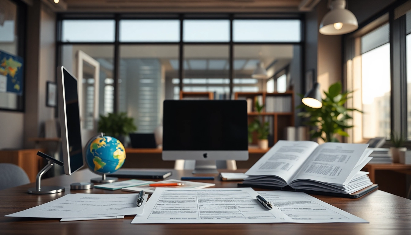 Facilitating uk eta online application in a modern office with organized workspace.