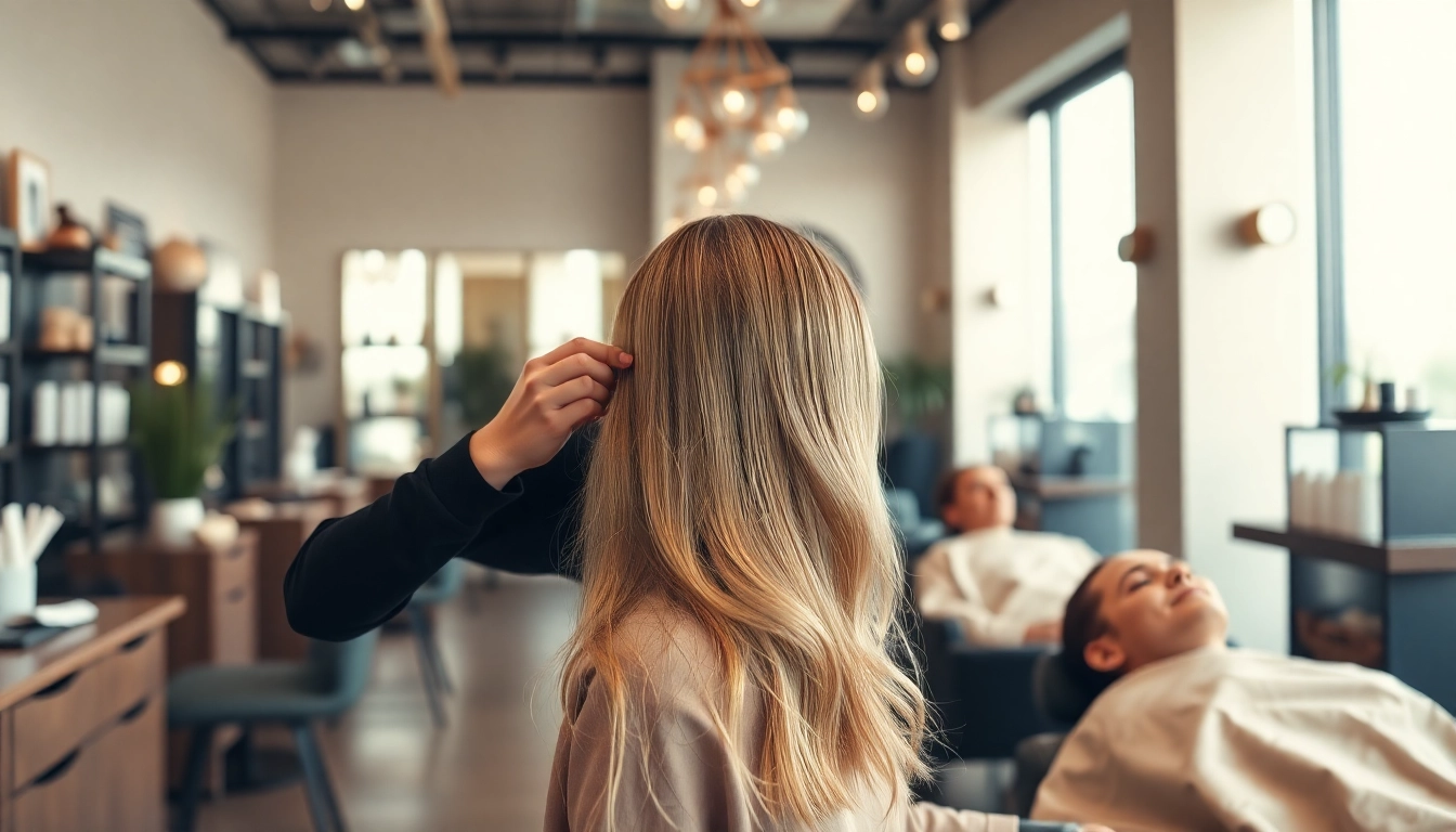Omnia Salon professional hairstylist applying highlights in a welcoming environment.