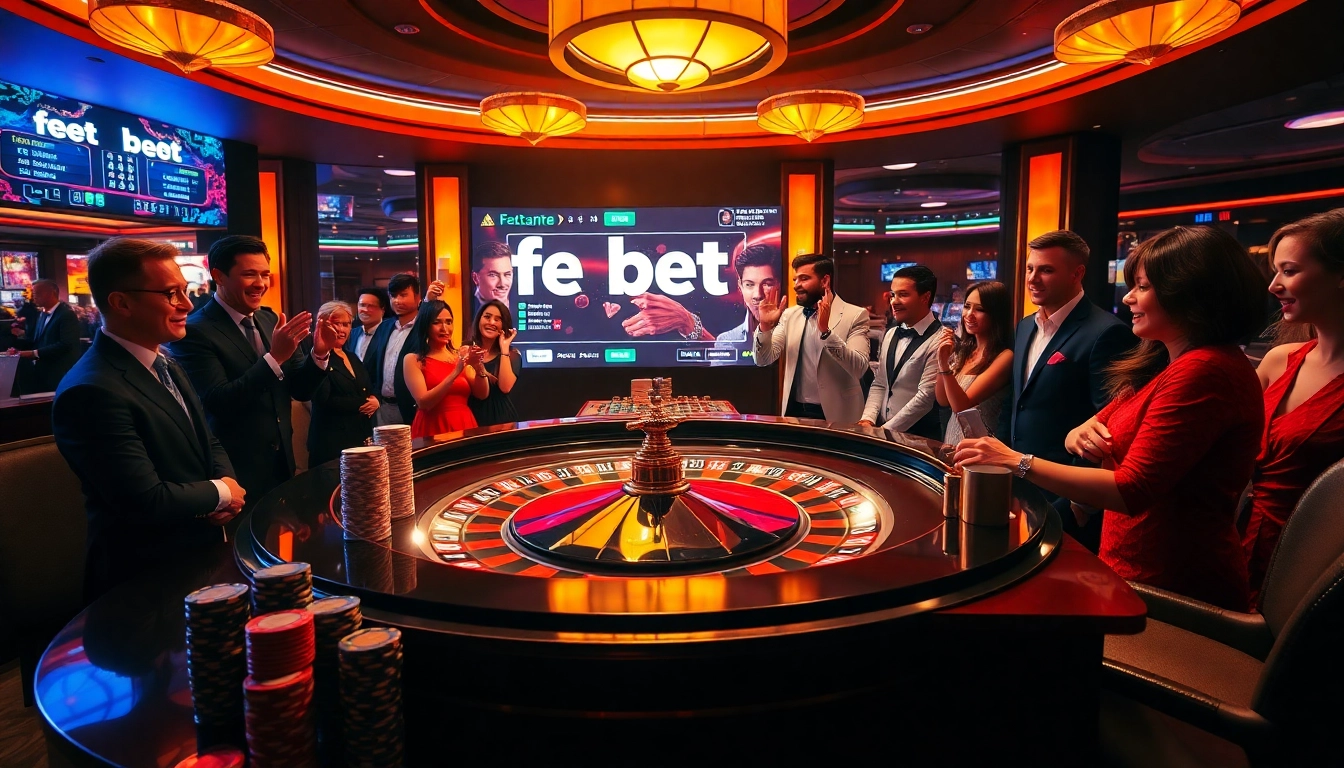 Experience the thrill of fe bet with players at a luxurious casino table and exciting gameplay.
