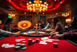 A captivating casino scene showcasing tha-bet pro poker gameplay with vibrant chips and cards on the table.